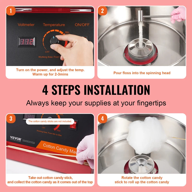 Commercial Electric Cotton Candy Machine 1000W Stainless Steel Bowl & Sugar Scoop