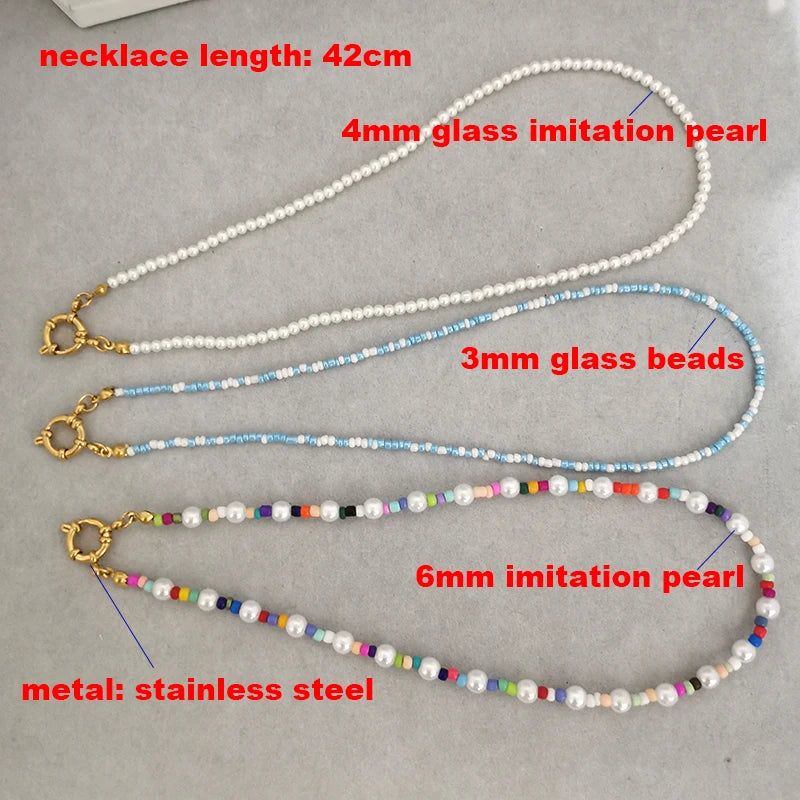 Imitation Pearl Necklace Women Choker Rainbow Beaded Chain Gold Steel Clasp