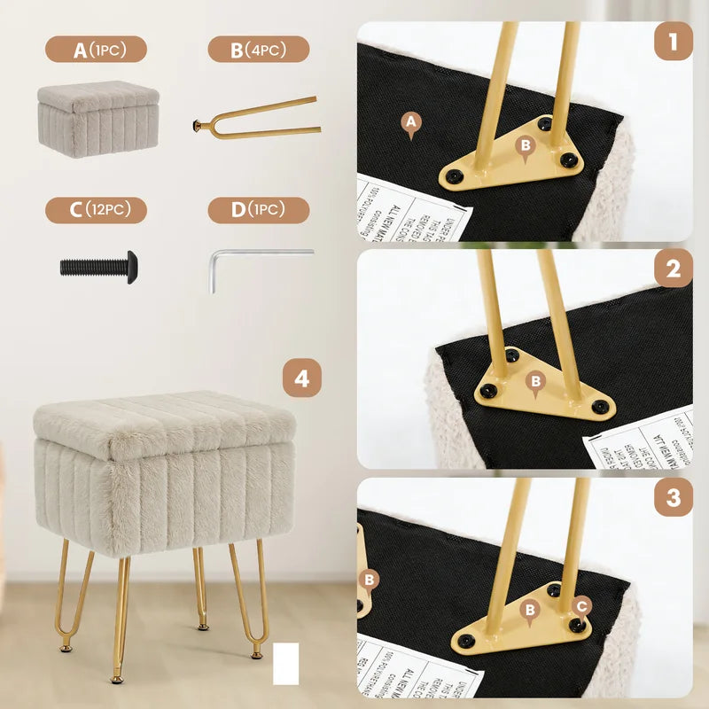 Faux Fur Vanity Stool with Hidden Storage and Adjustable Metal Legs