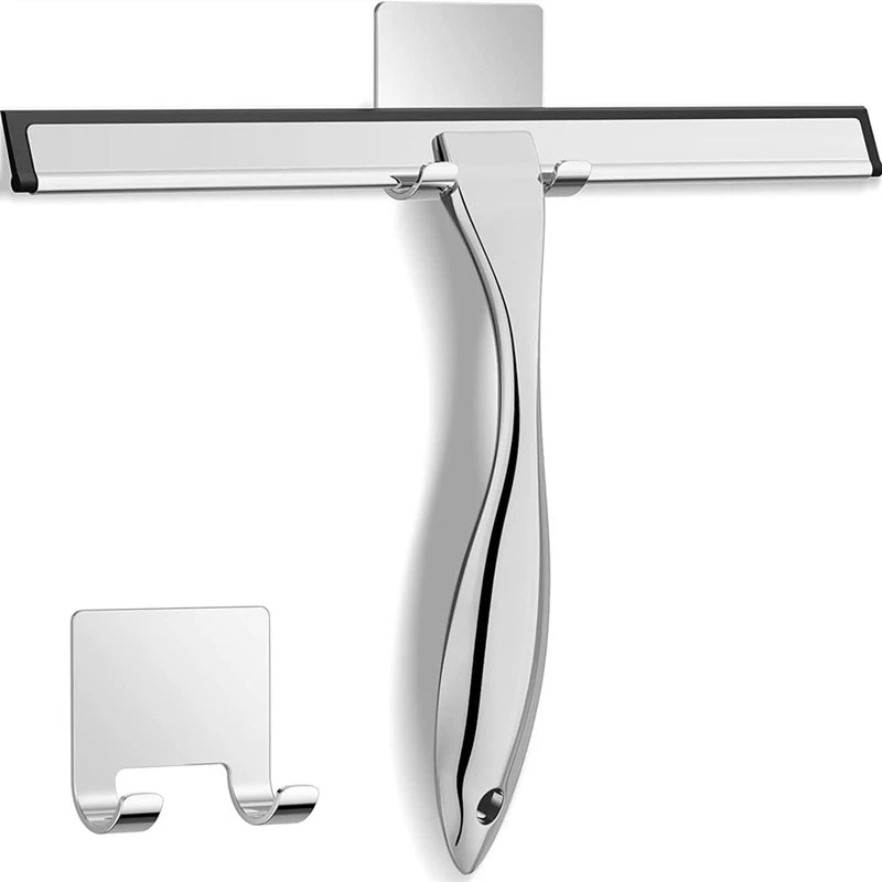Stainless Steel Shower Squeegee with Hooks - Glass, Tile & Mirror Cleaning Tool