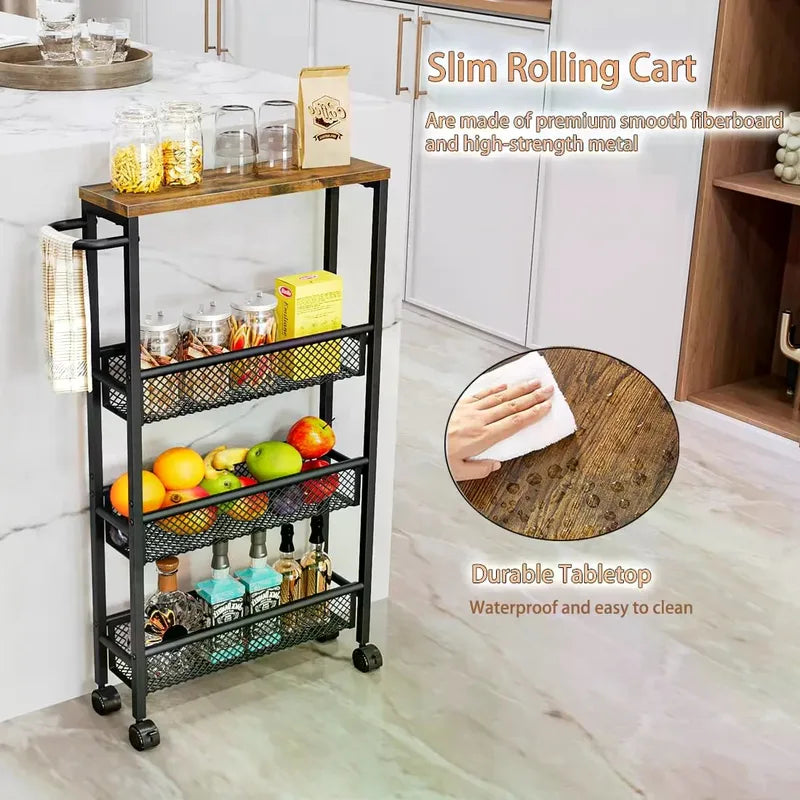 Slim Narrow Rolling Cart with 4 Tiers and Metal Handle for Small Space Storage