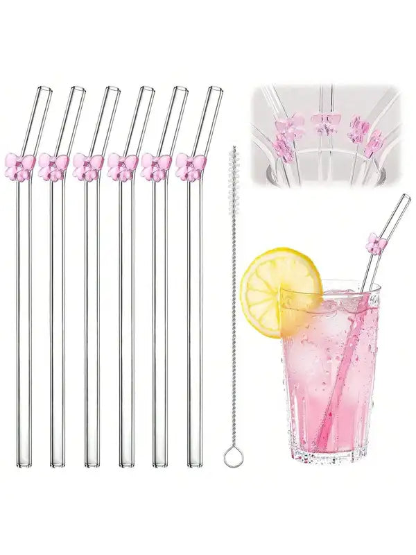 Reusable Glass Straw with Bow Design & Cleaning Brush - Set of 7 for Coffee, Smoothies, Drinks