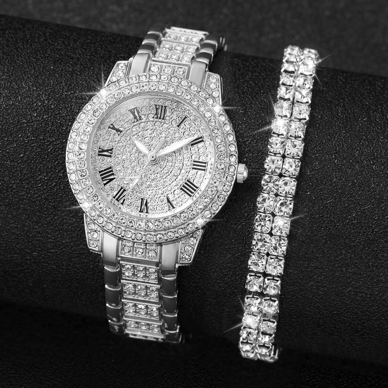 Women's Fashion Diamond Quartz Watch with Steel Band and Bracelet Set