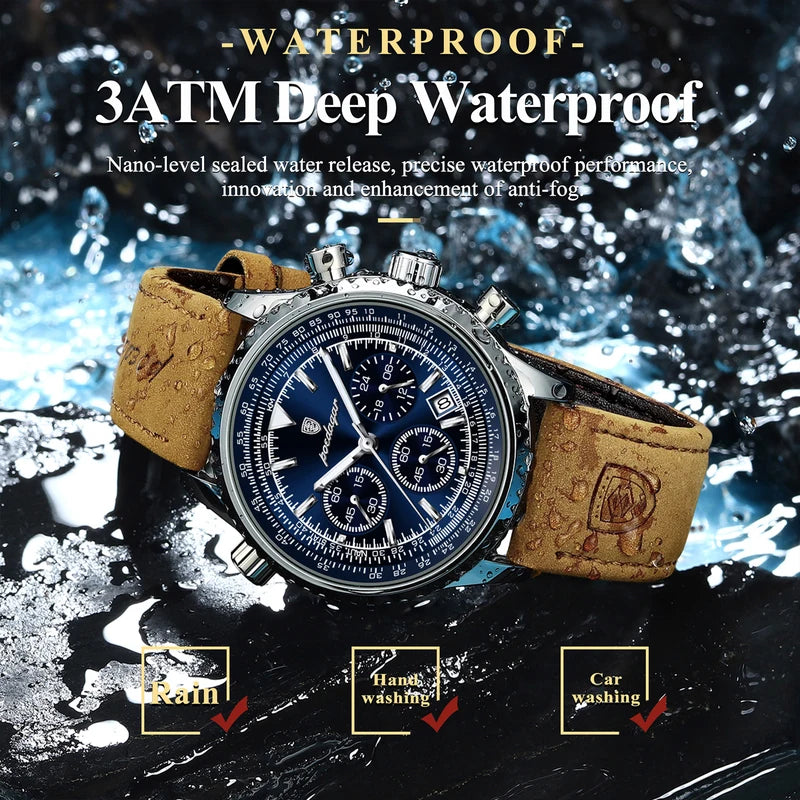 Luxury Men's Waterproof Luminous Chronograph Watch with Leather Strap