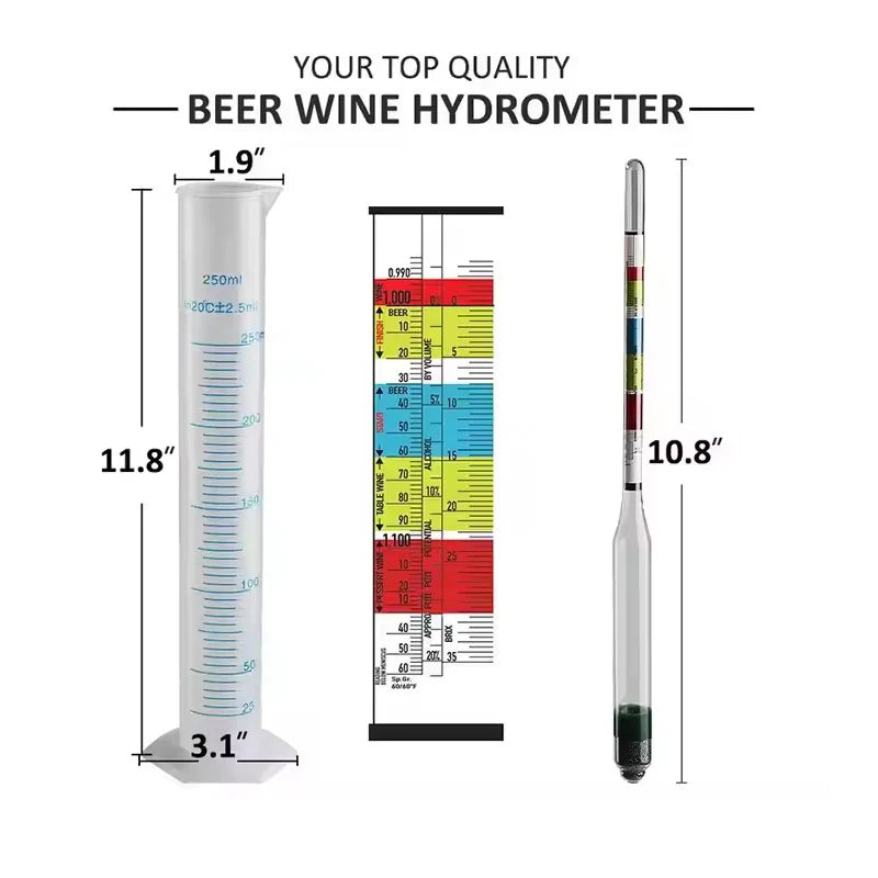 Hydrometer Tester & 250ml Measuring Bottle for Wine Beer Mead Kombucha Specific Gravity ABV