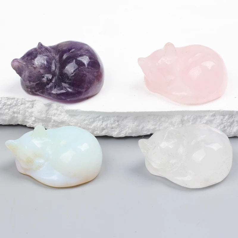 Crystal Energy Cat Figurines Set - Natural Stones Chakra Home Decor