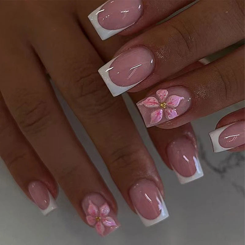 24PCS Short Square 3D Gel Flower French Pressing Nails Set - Easy to Wear & Remove