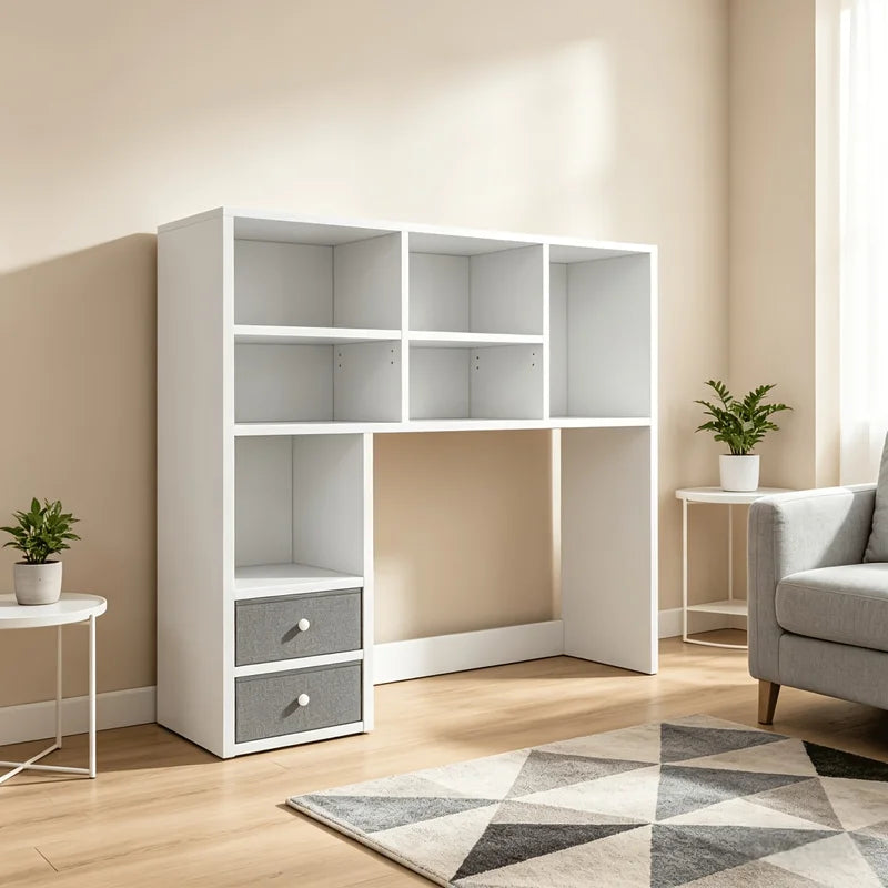 Adjustable Desktop Bookshelf Organizer with 7 Compartments & 2 Drawers - Large Capacity Office Storage