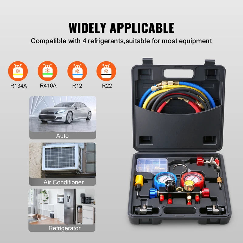 4-Way AC Manifold Gauge Set with 5ft Hoses for R134A R22 R12 R410A Refrigerant Charging