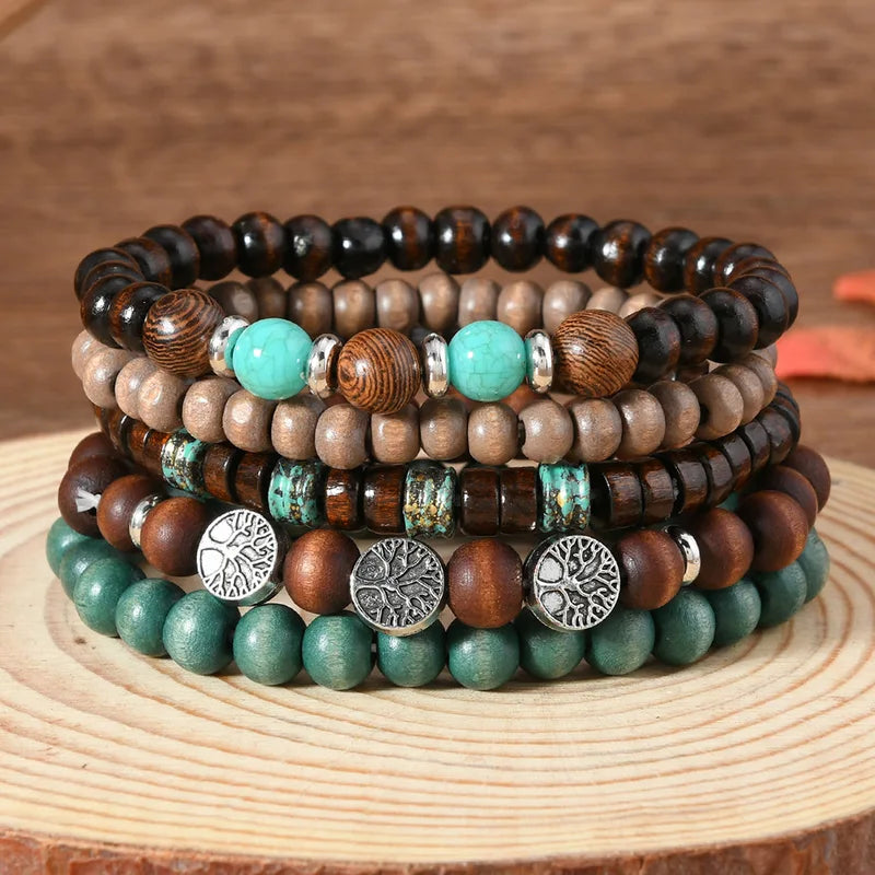 Vintage Ethnic Wooden Beaded Bracelets for Men Multi-Layer Jewelry with Turquoise and Nature Stones