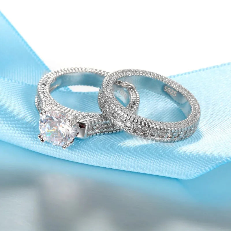 Elegant Wedding Engagement Ring Set - 925 Sterling Silver with Cubic Zirconia