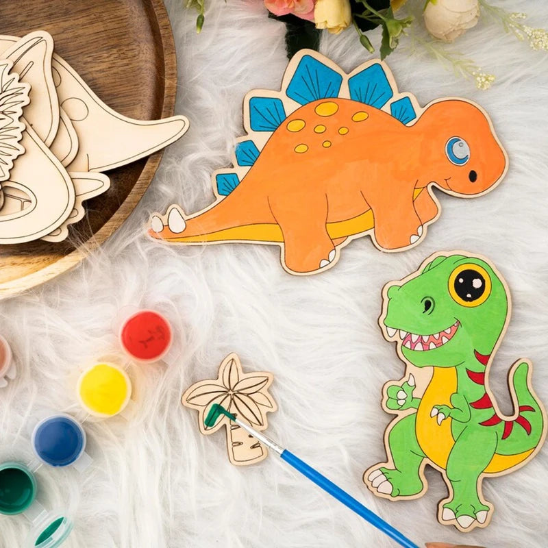 12pcs Wooden Dinosaur Craft Set for Birthday Party Decorations and DIY Gifts