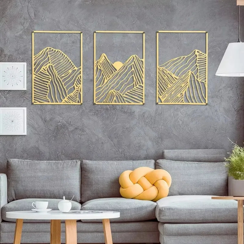 Metal Wall Art 3-Piece Abstract Mountain Line Sculpture Rustic Iron Decor