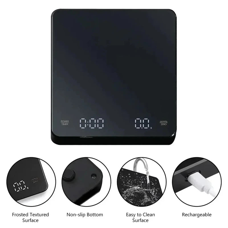Digital Espresso Scale with Timer 3kg Precision USB Rechargeable Kitchen Tool