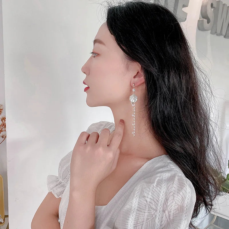 Long Pearl Clip Earrings with Tassel No Hole Shell Imitation Jewelry for Women