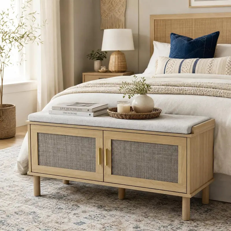 Entryway Shoe Storage Bench with Cushioned Seat and Multi-Layer Cabinet