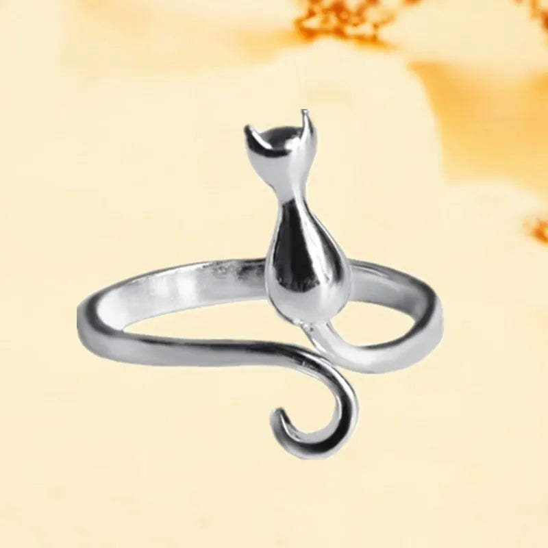 Sterling Silver Cat Ring for Women Engagement Jewelry Adjustable Gift
