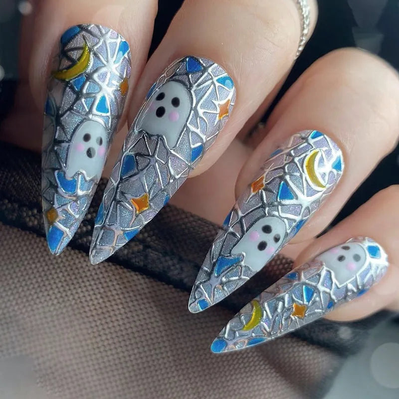 Halloween Fake Nail Tips 24-Piece Ghost & Pumpkin Spooky Design Press On Nails