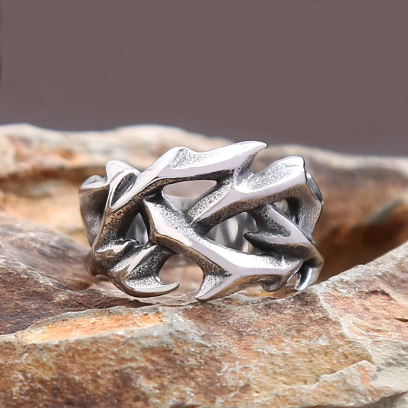 Vintage Hollow Out Crown of Thorns Ring for Men Women Stainless Steel Punk Biker Jewelry