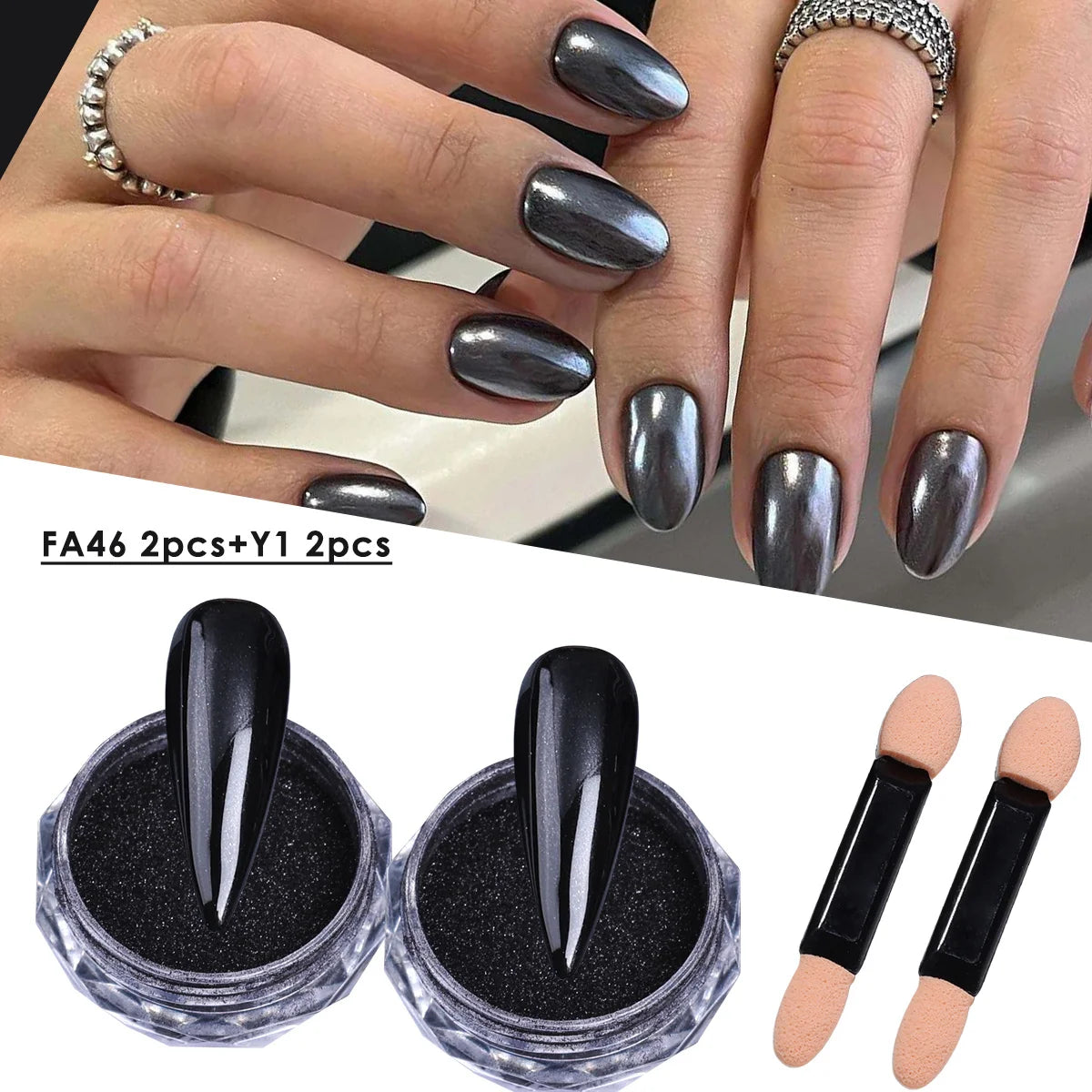 Black Mirror Nail Glitter Pigment 2pcs Y2K Chrome Rubbing Dust for Manicure