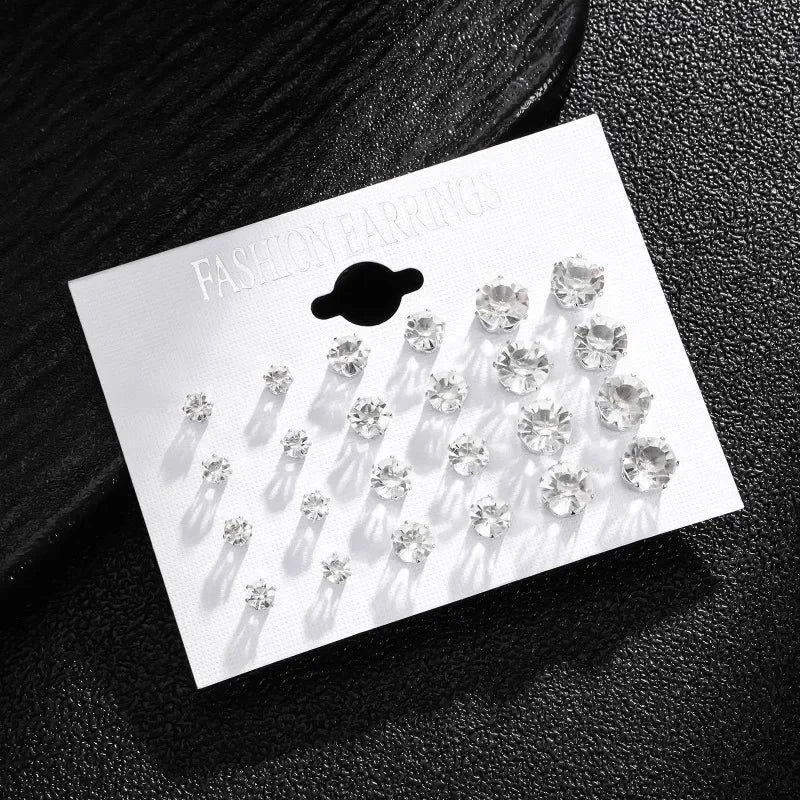 12-Pair White Shiny Wedding Stud Earrings Set for Women & Men Crystal Jewelry