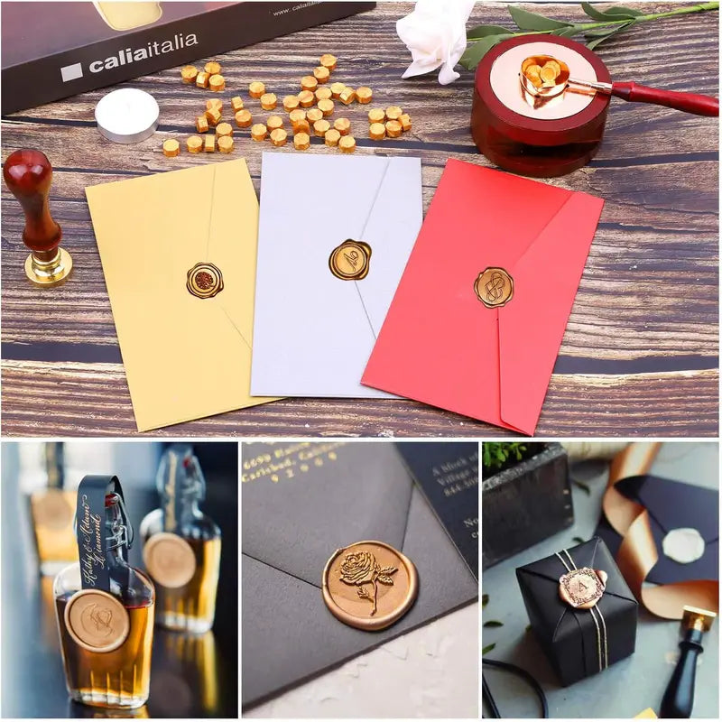 Wax Seal Set with Gold Beads, Warmer, Spoon & Candles for Invitations & Crafts
