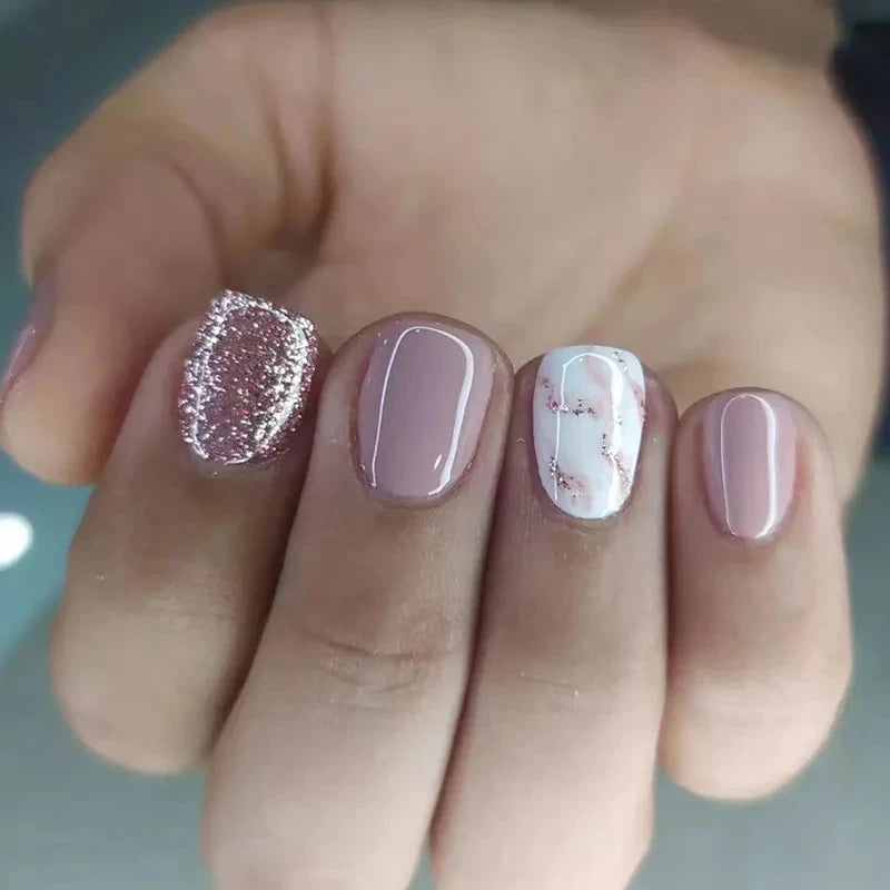 24 Short French Glitter Nail Set with Jelly Gel & Nail File - Glossy False Nails