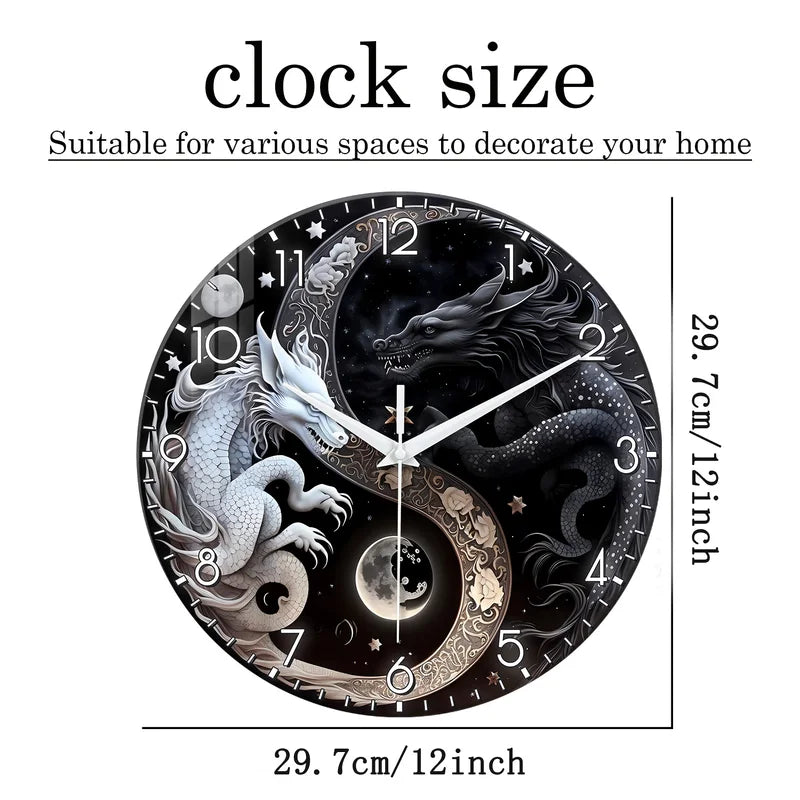 Glass Wall Clock with Dragon Design - Black and White Mythology Wall Decor - Quiet Home Clock