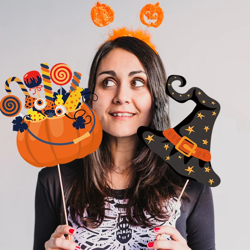20pcs Halloween Photo Booth Props Set Spooky Skull Pumpkin Selfie Costume Party Decor