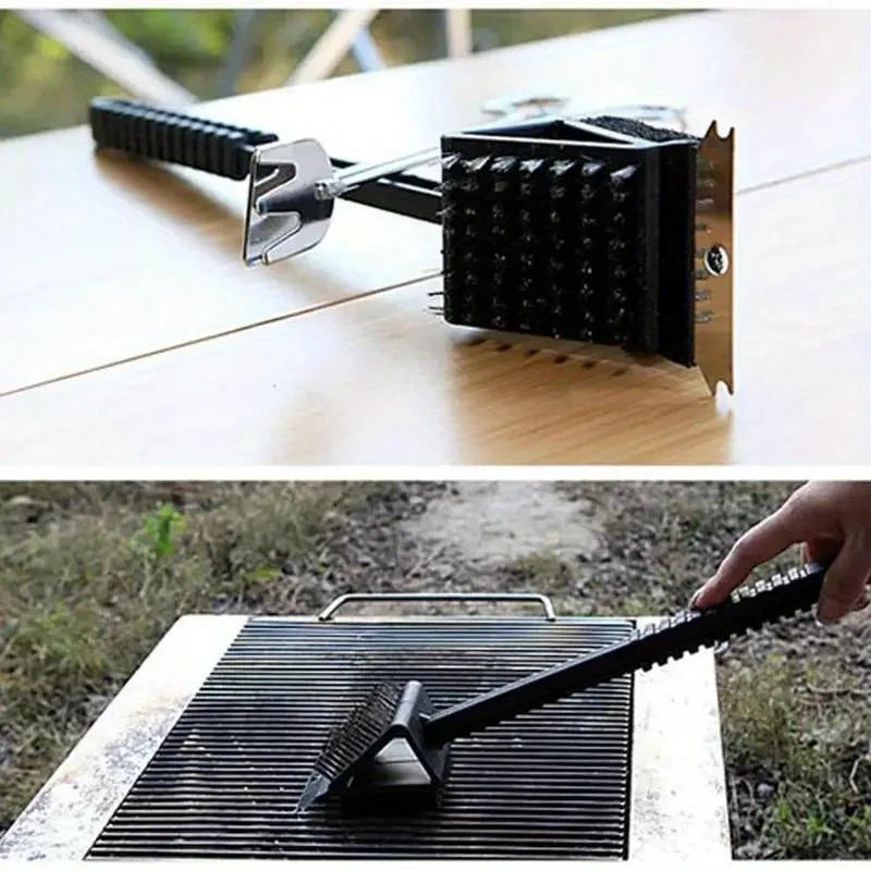 3-in-1 Copper Wire Grill Brush with Sponge and Shovel Long Handle