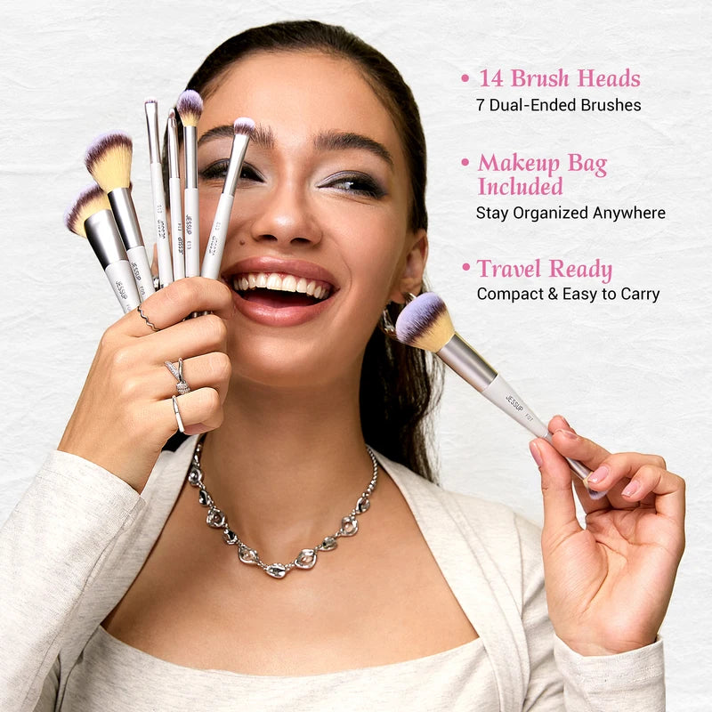 7-Piece Dual-Ended Makeup Brush Set with Travel Bag - Professional Face & Eye Tools