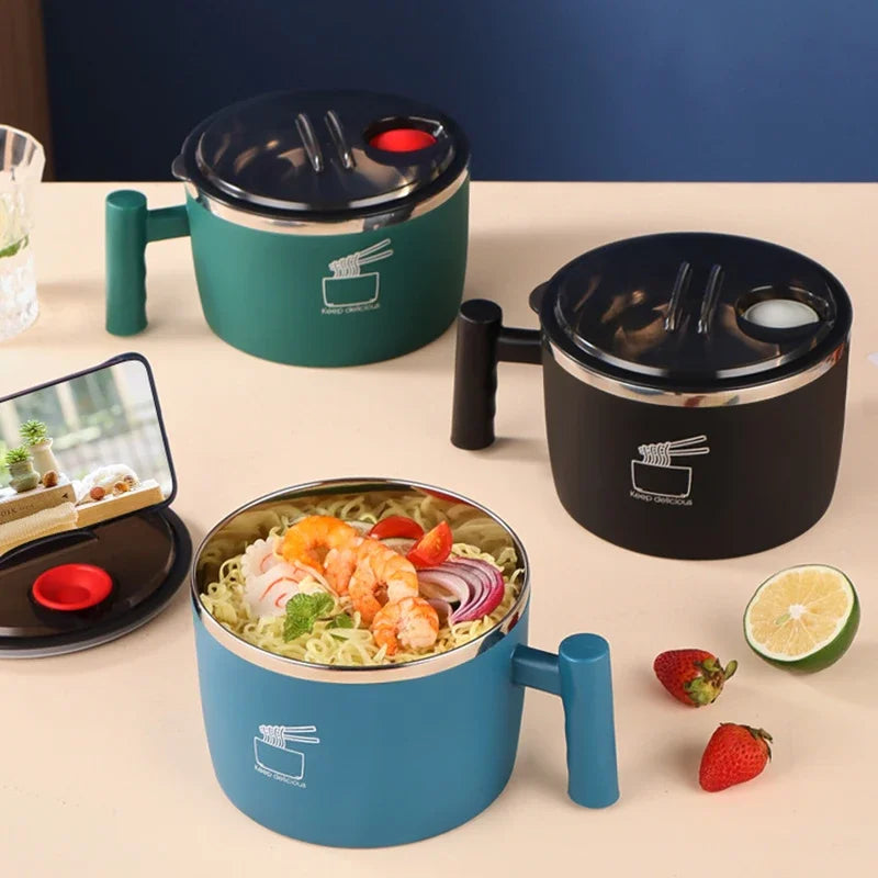 Stainless Steel Instant Noodle Bowl with Lid & Handle - 1000mL, Sealed & Portable Kitchen Drain Bowl