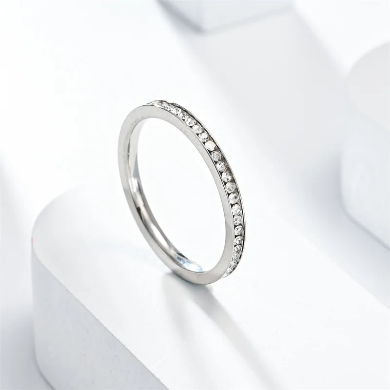 2mm Iced Out Bling Ring for Women Silver Plated Stainless Steel Engagement Jewelry