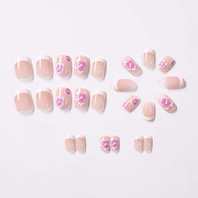 24Pcs Short Square Fake Nail Set with Floral French Design - Full Cover Press On Nails