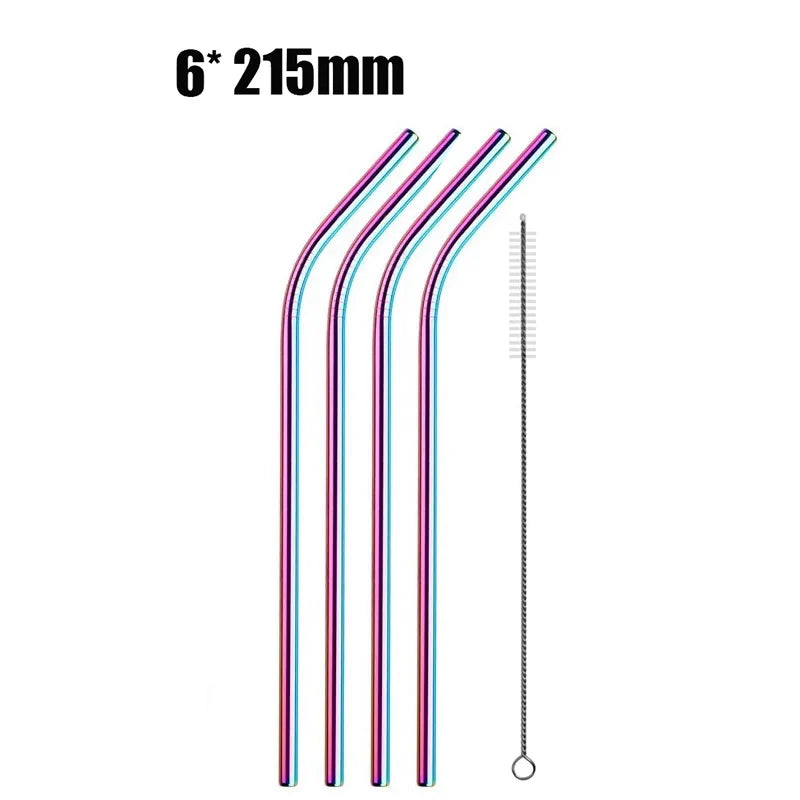 Reusable Metal Drinking Straws Set - 304 Stainless Steel, Bent & Straight with Cleaning Brush