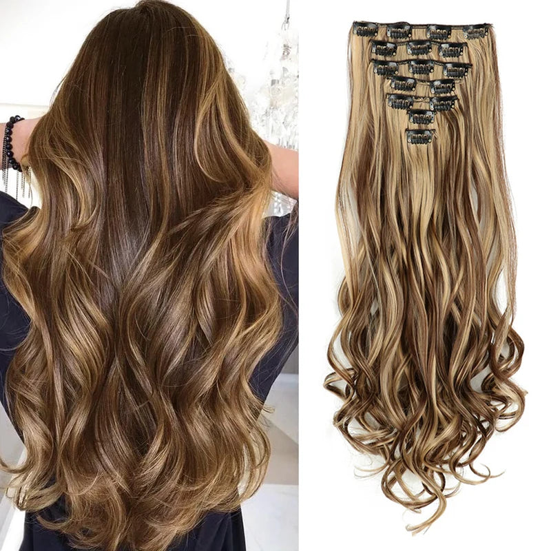 Clip In Hair Extensions 7 Pieces Full Head 22 Inch Curly Wavy Synthetic Hair for Women and Girls