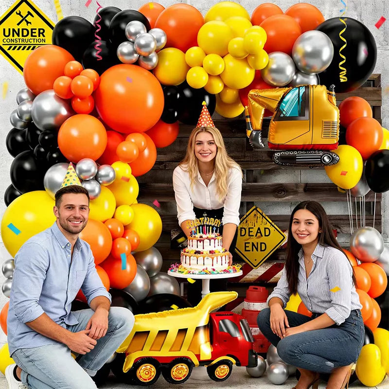 Construction Balloon Arch Kit for Birthdays and Events, Orange Black Yellow Latex Balloons