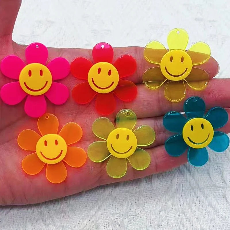 10pcs Colorful Smile Face Flower Charms Acrylic Embellishments for Jewelry & DIY Crafts