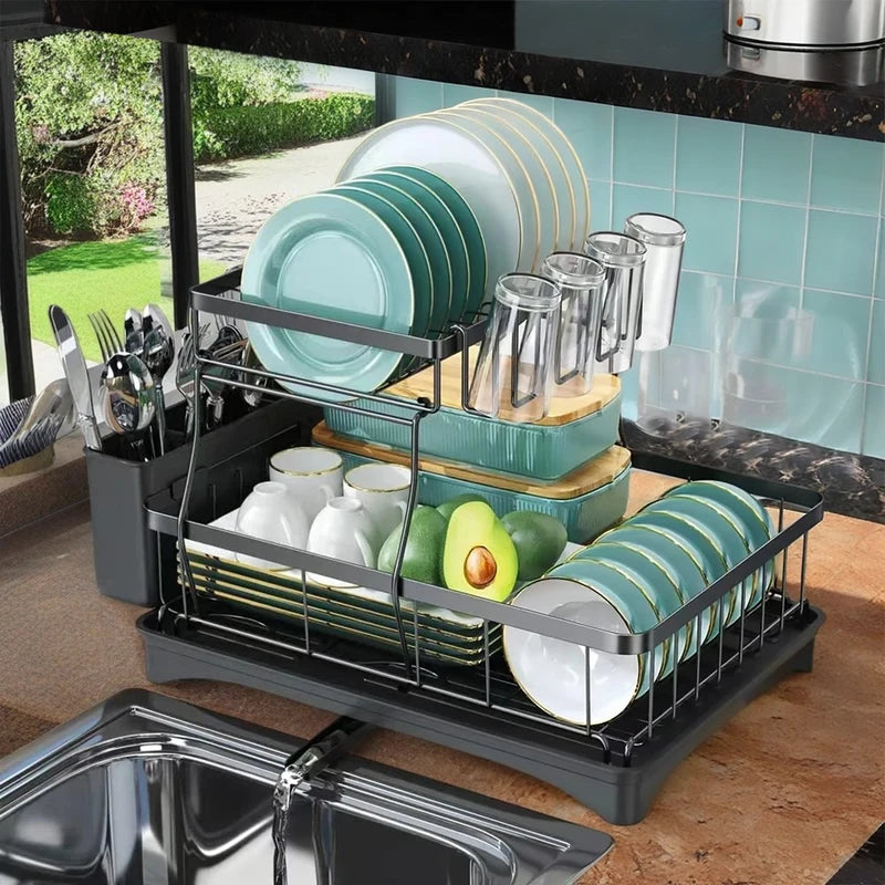 Large 2-Tier Dish Drying Rack for Kitchen Countertops - Removable, High Capacity
