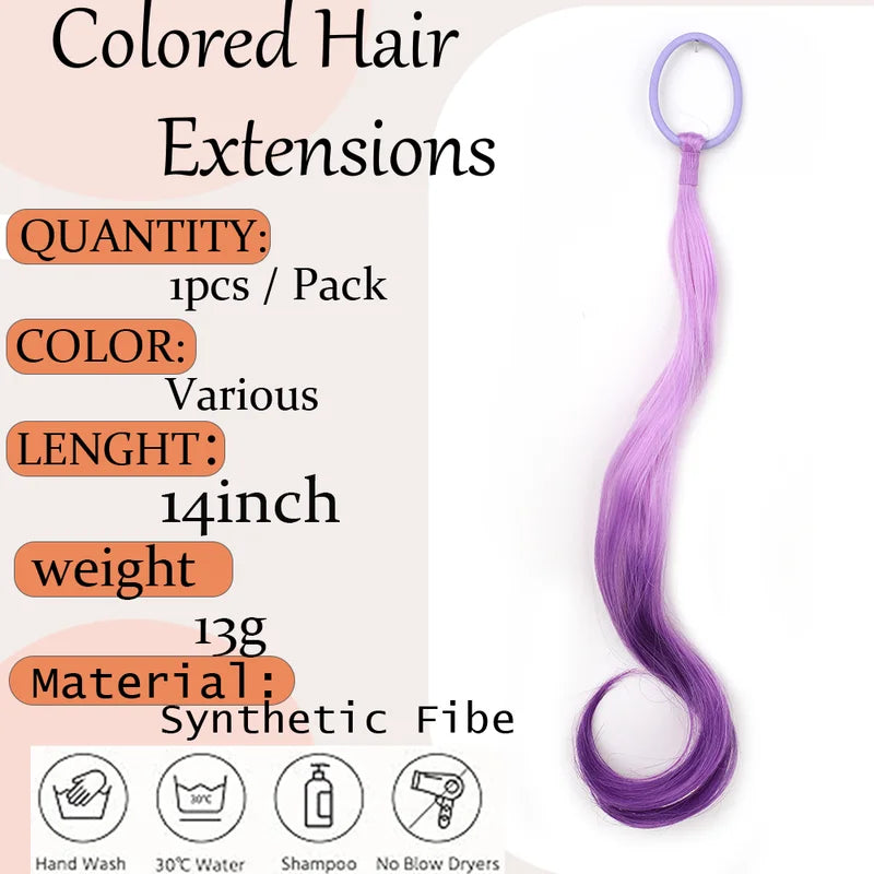 Lightweight 14-Inch Colored Synthetic Hair Extensions for Kids with Ponytail Elastic Tie