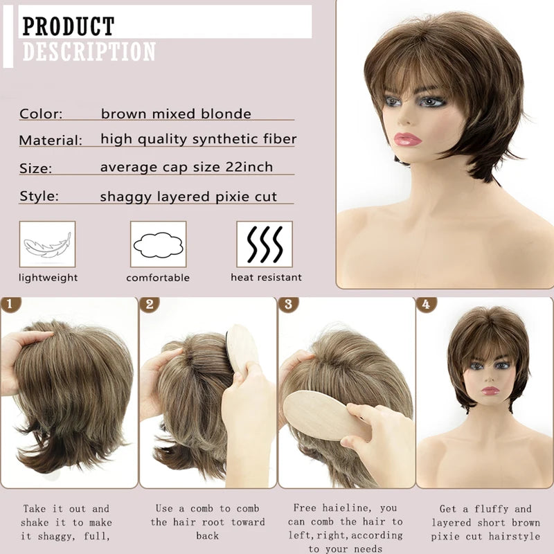 Brown Short Layered Pixie Wig for White Women Blonde Highlights Synthetic Hair