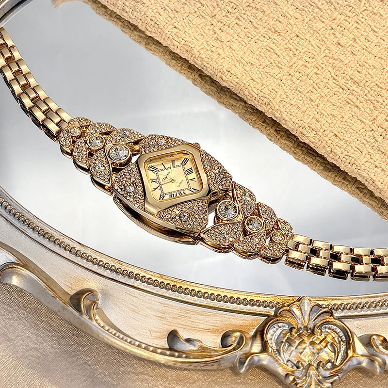 Vintage Diamond-Embellished Women's Watch with Diamond-Shaped Face & Gold Bracelet