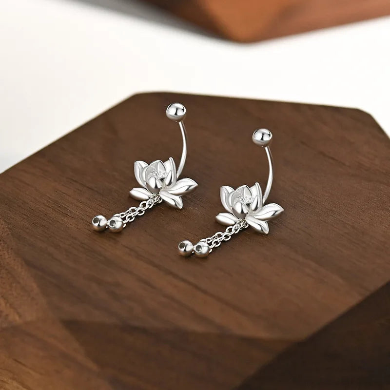 Sterling Silver Flower Stud Earrings with Tassel - Vintage Irregular Jewelry for Women