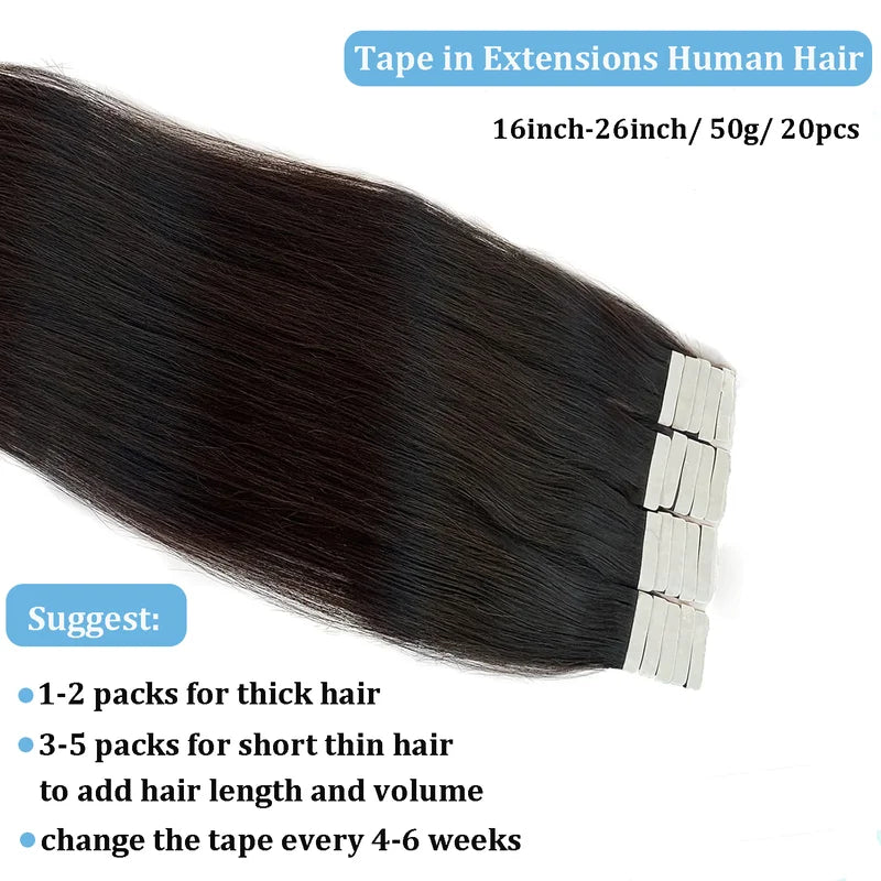 Human Hair Tape-In Extensions - High-Quality Brazilian Straight Hair