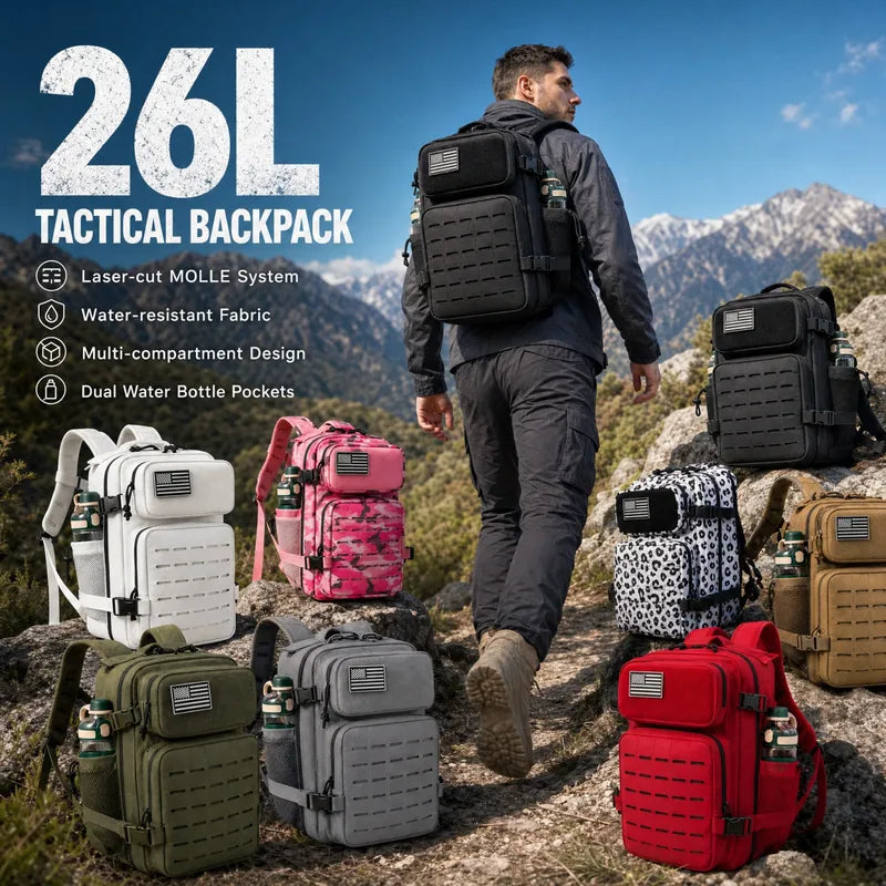 26L Tactical Backpack Men Women Outdoor Survival Hiking Rucksack with Dual Cup Holders