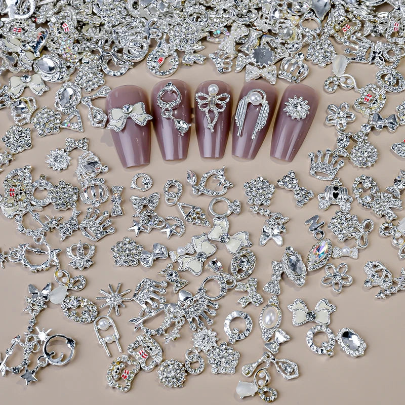 50Pcs Silver Bowknot & Crown Nail Charms with Tassels for Nail Art Decor