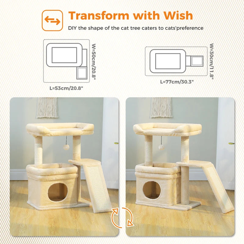 Small Cat Tree Tower with Sisal Scratching Posts and Large Perch - Indoor Cat Furniture