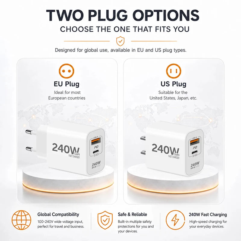 240W GaN USB C Fast Charger for iPhone, Xiaomi, iPad - Worldwide Plug Options