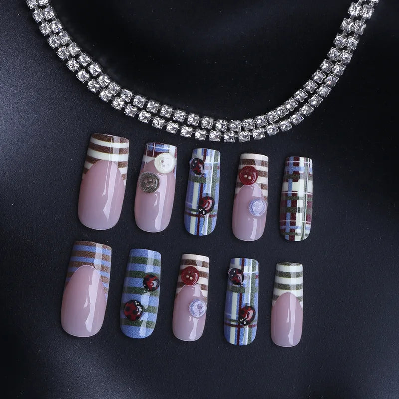 24pcs Vintage French Style Press On Nails with Cartoon Ladybug Button Designs - Coffin Fake Nails in Blue, Brown, Green, Ivory, Beige