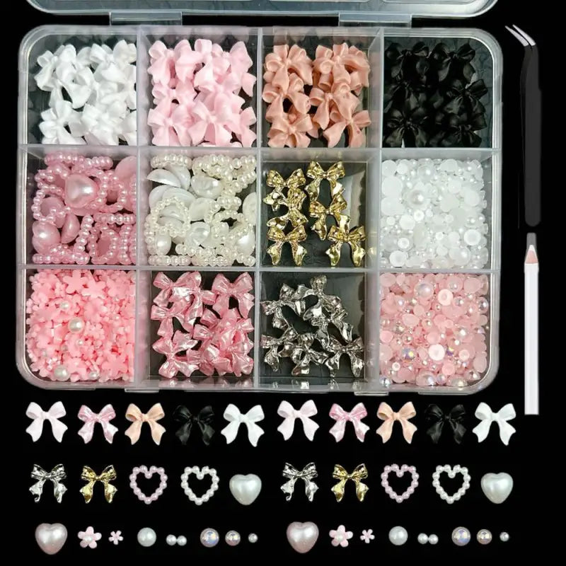 Nail Art Decorations Kit with Resin Bow Charms & Pearls - DIY Manicure Supplies